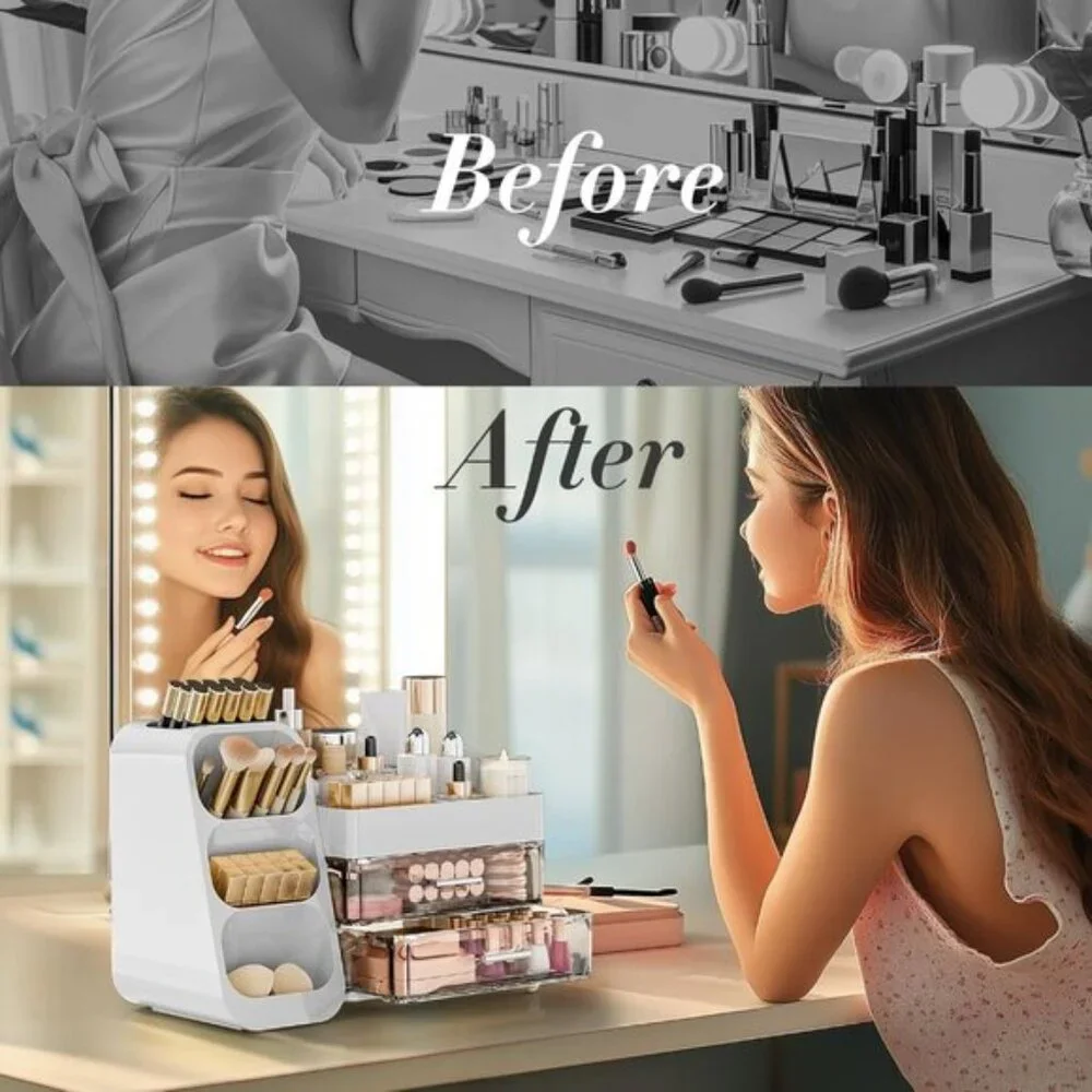 New Makeup Organizer with Drawers & Brush Holder for Vanity & Skincare Storage